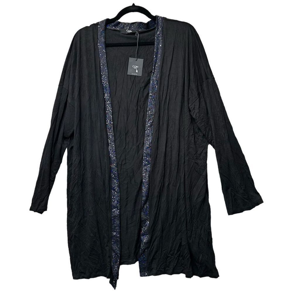 NWT COIN 1804 Plus 3XL Black Sequin Trim Open Front Tunic Cardigan Sweater‎